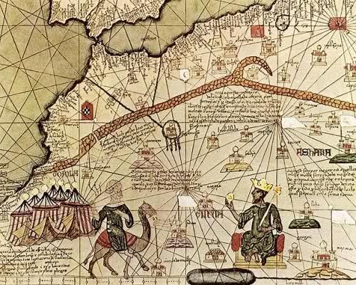 Detail from the 1375 Catalan Atlas depicting Mansa Musa of the Mali Empire, seated on a throne holding a gold nugget
