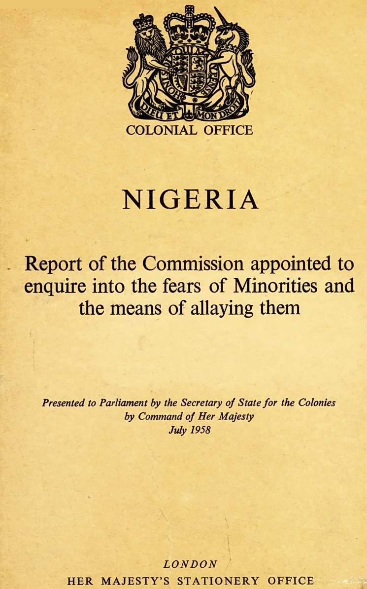 The buff printed cover of a British government report, with the royal arms, the words Colonial Office and Nigeria, and the report's full title.