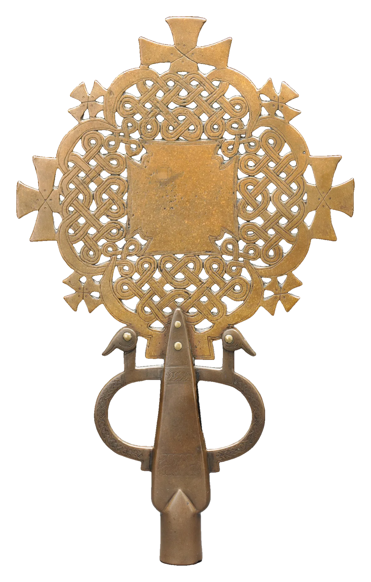 A metal cross with a broad openwork lattice head and small cross-shaped finials, on a long shaft.