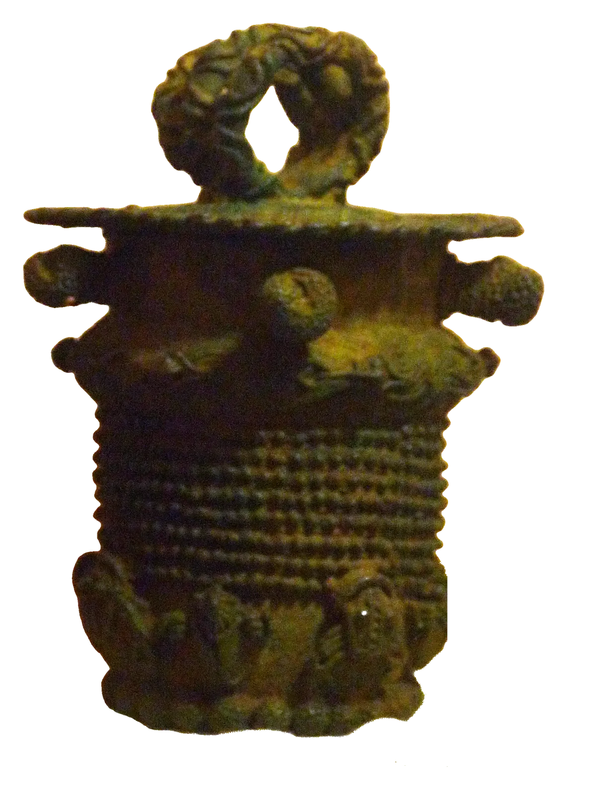 A dark bronze vessel with a looped knot on its lid and a body covered in raised bosses and rope-like ridges.