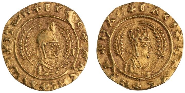 Both sides of a gold coin, each showing a royal bust framed by wheat stalks, with small crosses in the Greek legend around the rim.