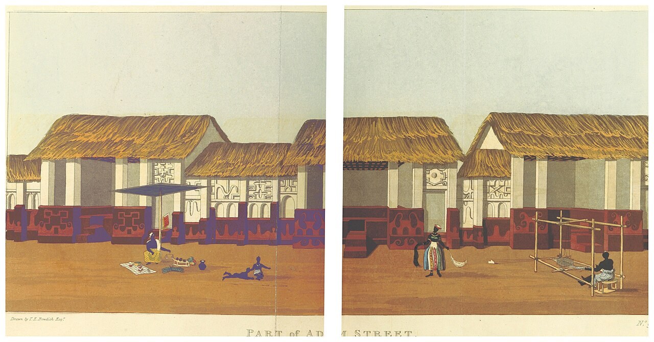 Two hand-colored panels of a street of thatched houses with white walls painted in red and white geometric designs, a woman selling goods under a square parasol, a man working at a narrow loom and a woman walking.