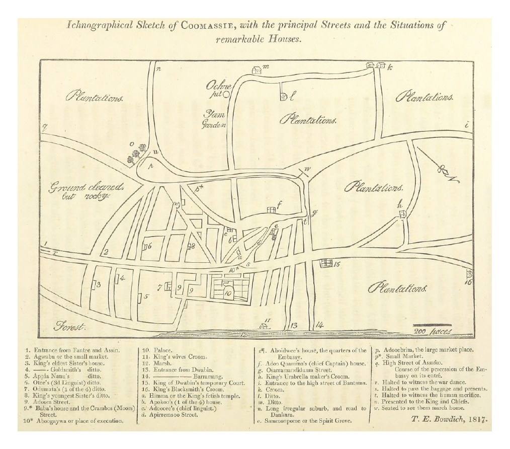 An engraved street plan of a town, with numbered and lettered houses, a palace, a market square, plantations and forest at the edges, a scale bar and a printed key below.