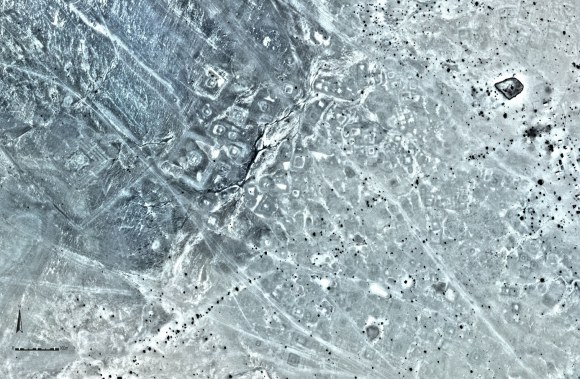 A grey satellite image of stony desert showing a walled enclosure, lines of walling, and hundreds of small dark mounds.