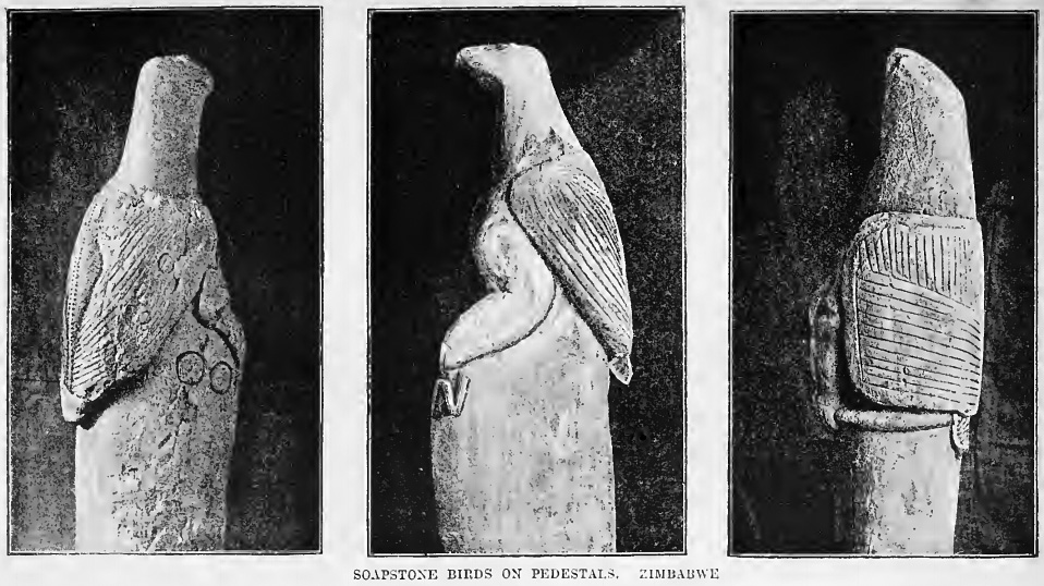 Three carved stone birds, each perched on top of a tall stone column, in an old black-and-white illustration.