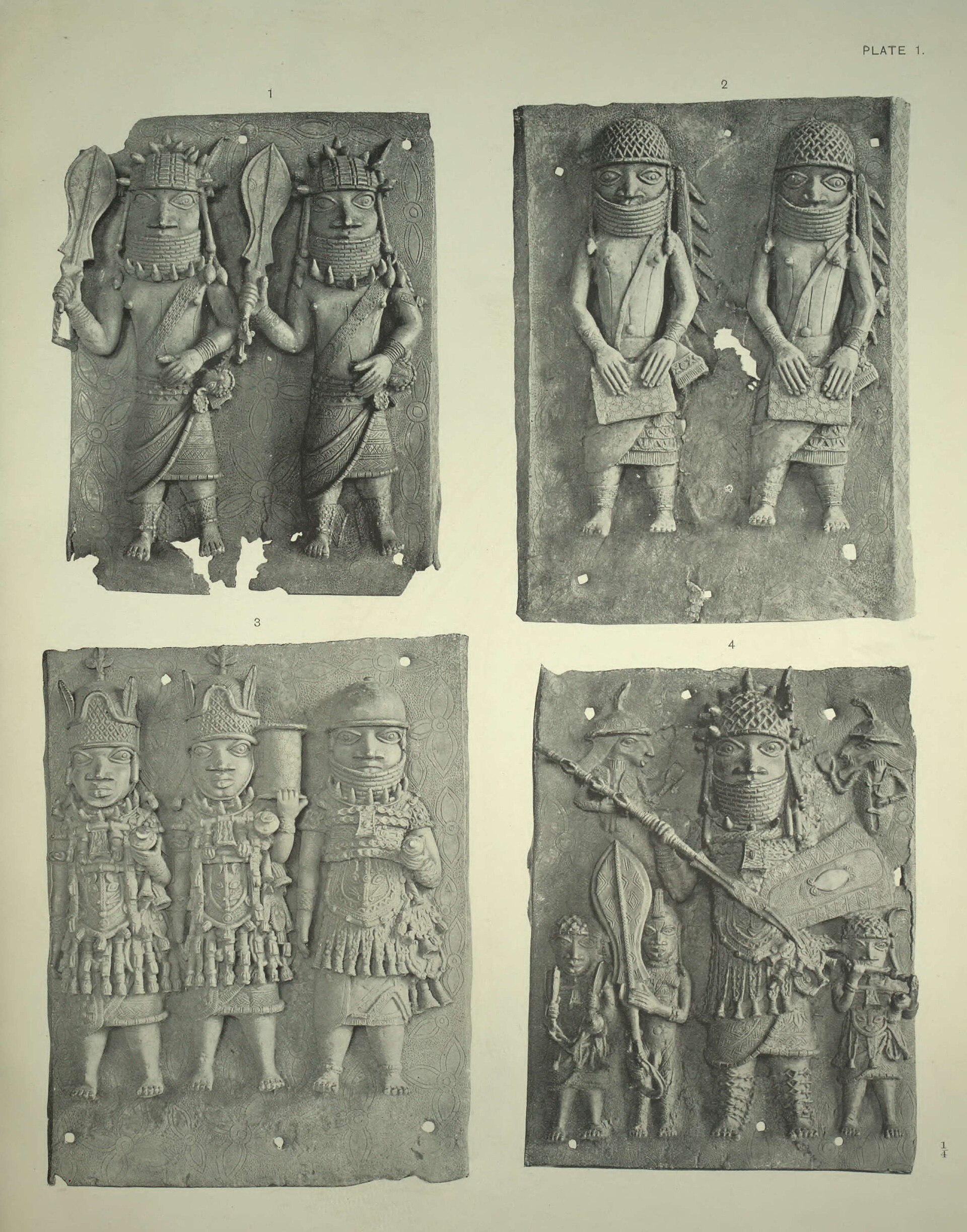 A printed plate of cast plaques, each showing two or more standing figures wearing tall headdresses and holding swords or other objects.